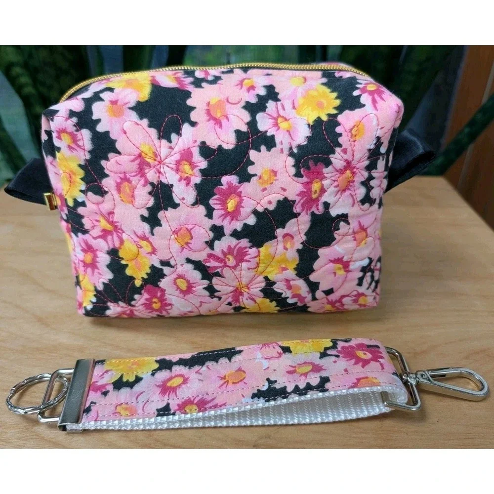 Embroidered MAKEUP Cosmetic Toiletries Pink Daffodils + Matching Key Fob SET